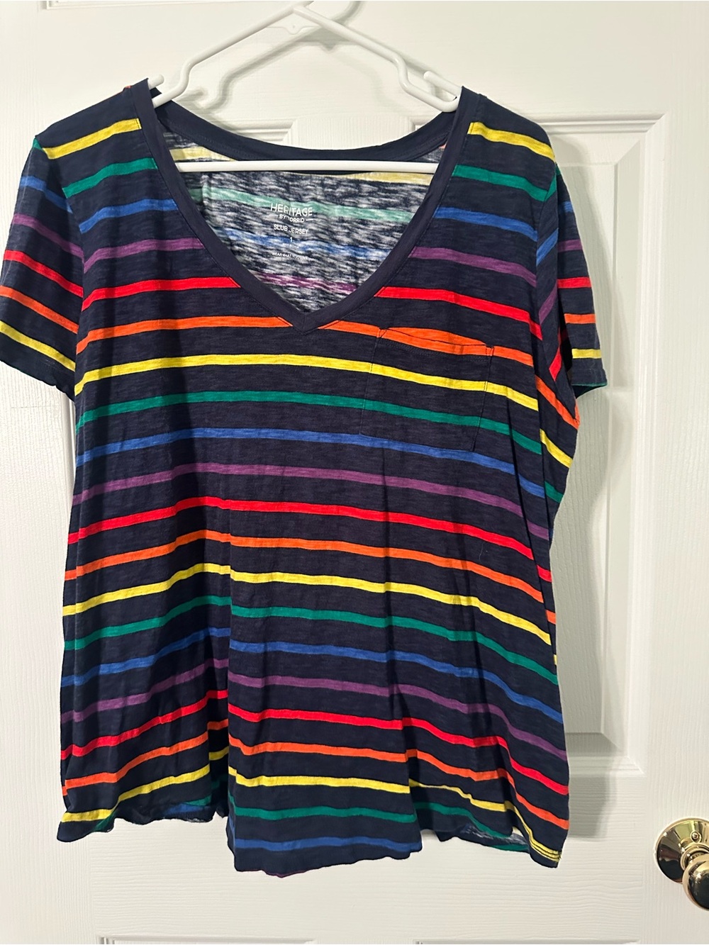 torrid Navy V‑Neck Tee with Bright Rainbow Stripes - Picture 1 of 2
